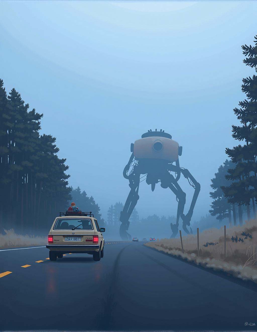 Simon Stalenhag Style,  A foggy highway cutting through the Scandinavian wilderness,  where an old station wagon with a lu...