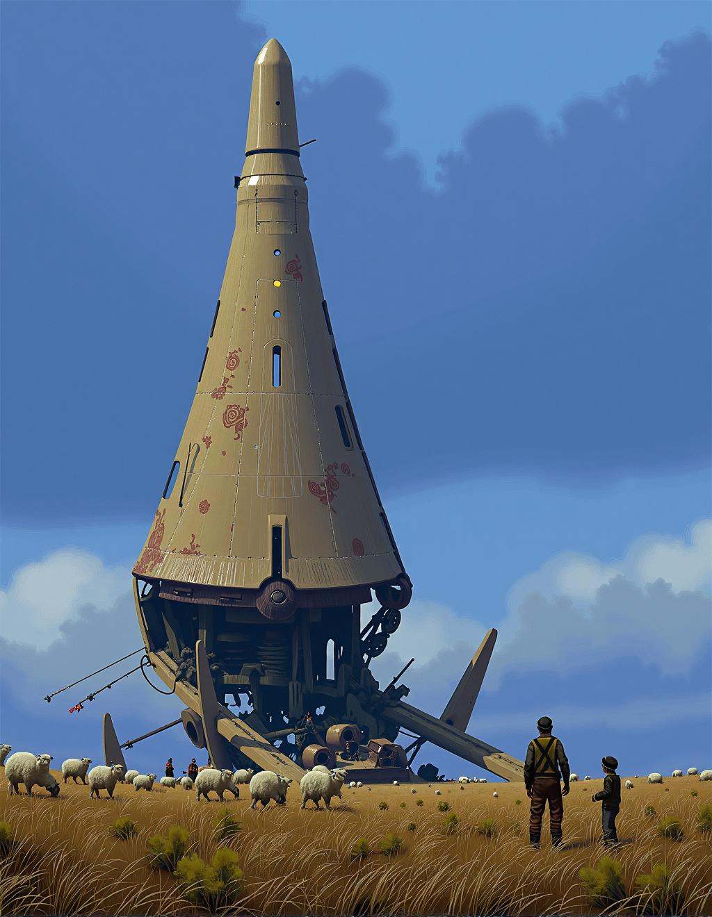 Simon Stalenhag Style,  A vast,  empty field where the remnants of an enormous crashed spacecraft stretch for miles. The h...
