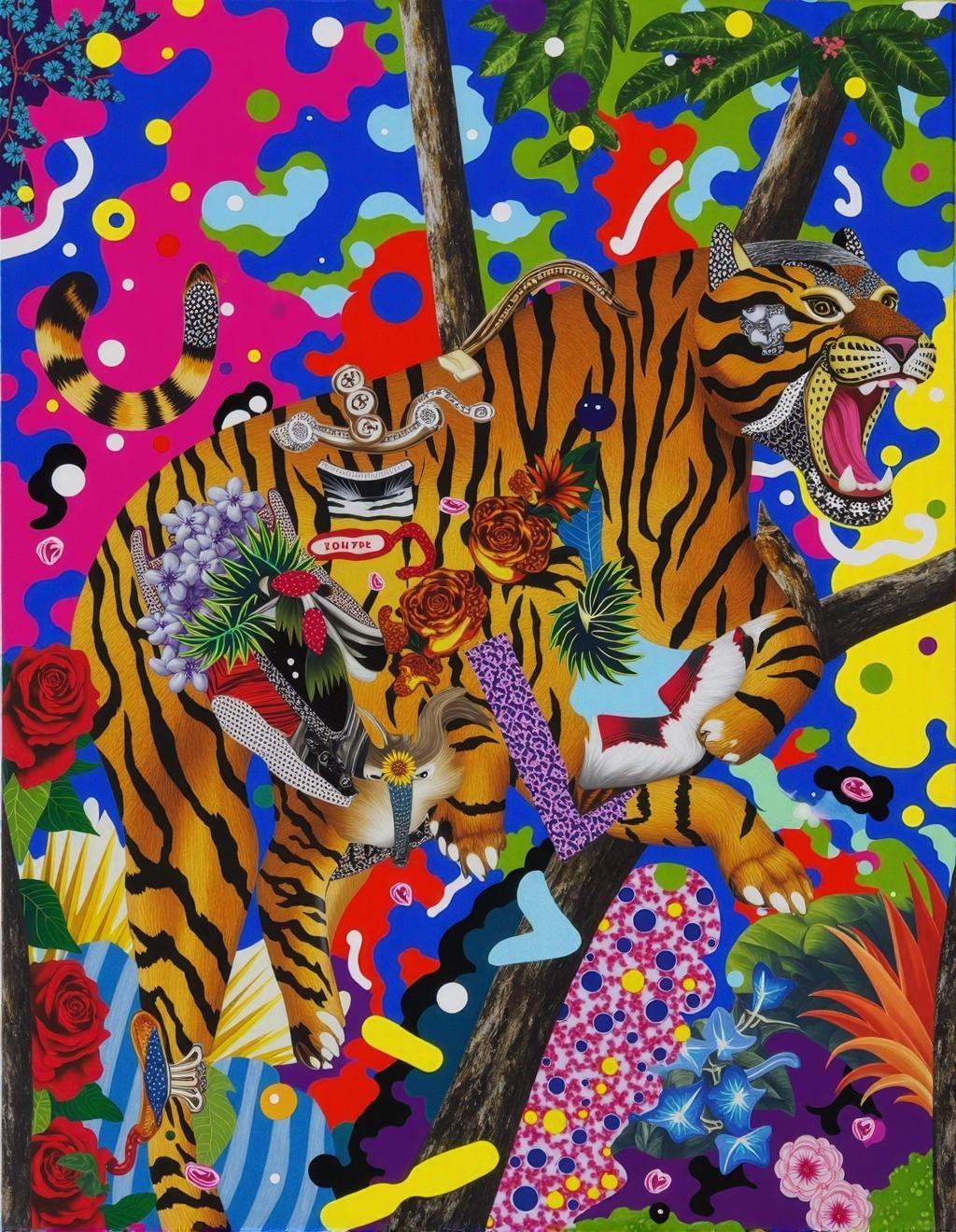 Yoh Nagao Style,  a gigantic roaring tiger with a fur pattern composed of vibrant overlapping tribal designs,  floral text...