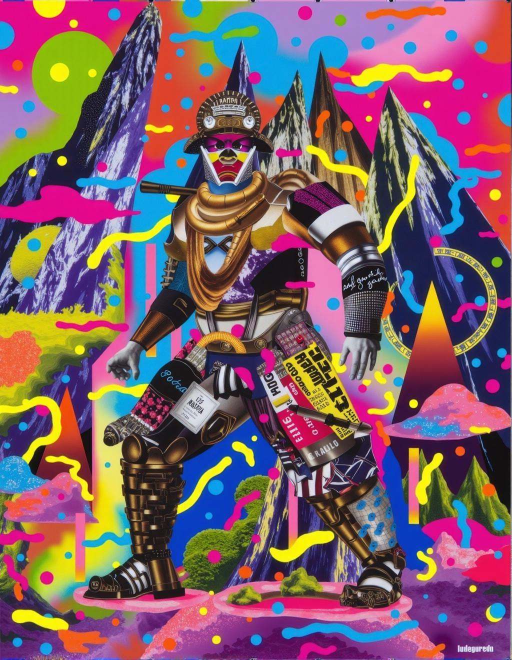 Yoh Nagao Style,  a colossal samurai warrior constructed from layers of neon brush strokes,  glowing paint splashes on Ten...