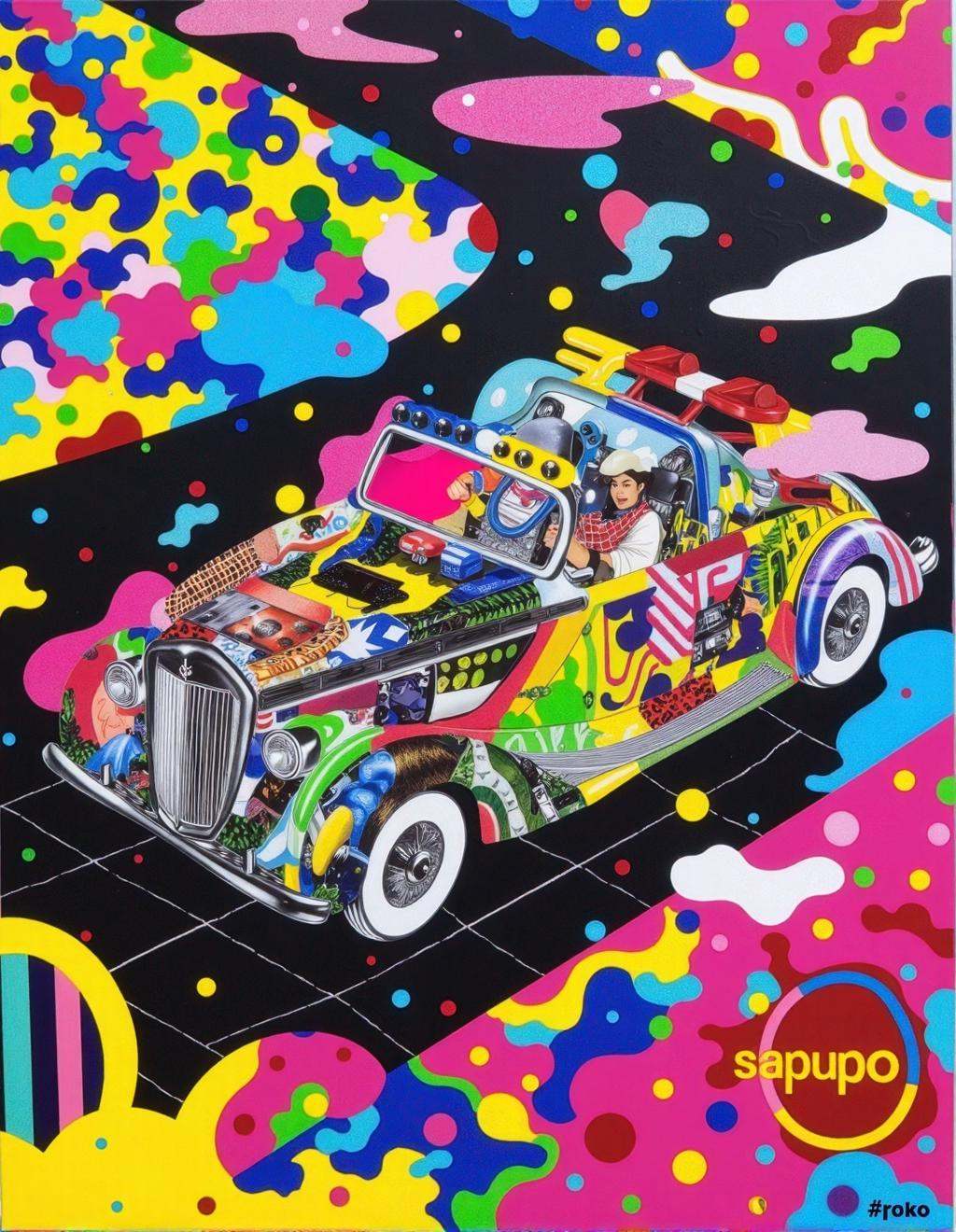 Yoh Nagao Style,  an oversized vintage car covered in surreal hand-painted patterns,  mixed media textures on Tensor.Art