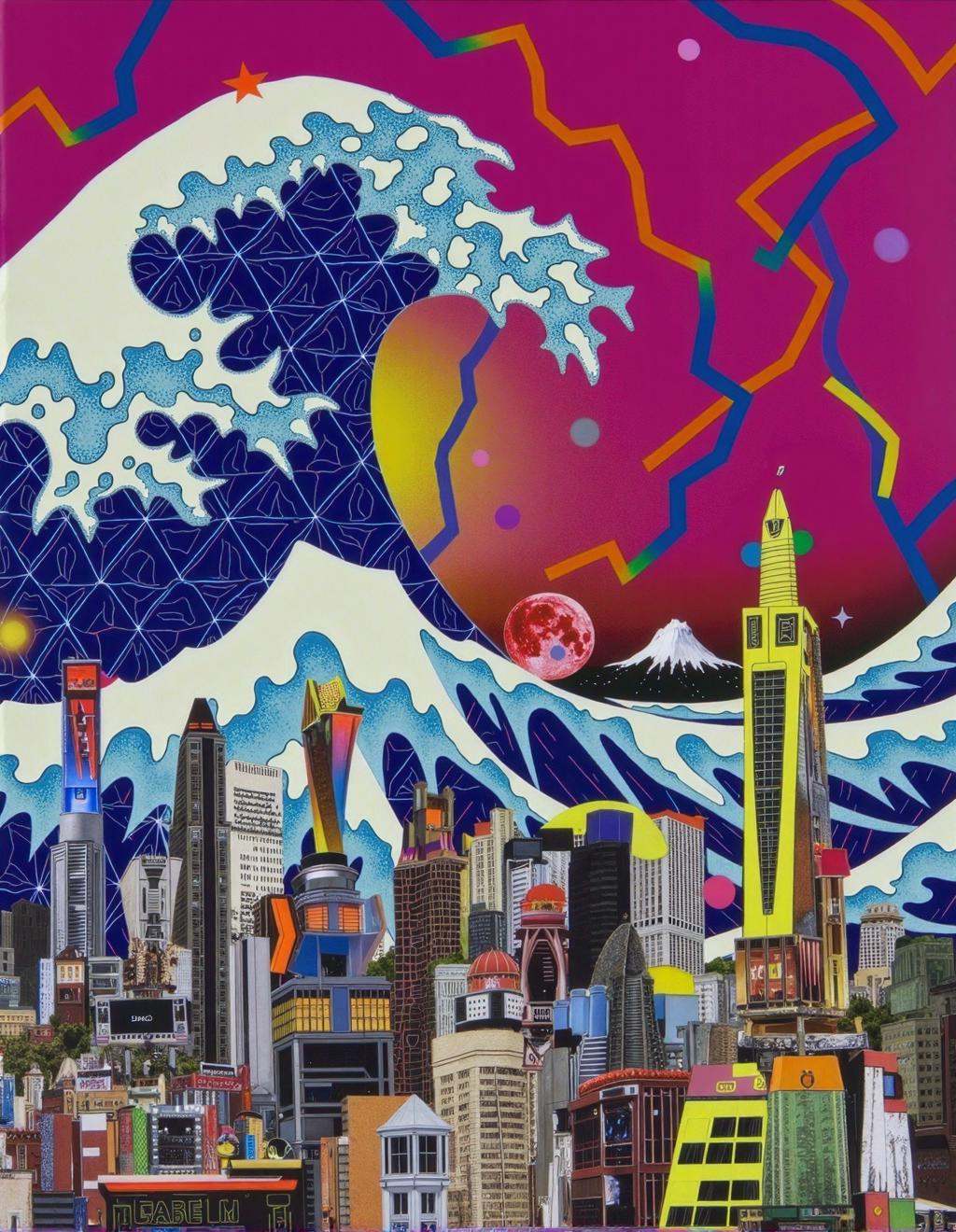 Yoh Nagao Style,  a towering wave composed of fragmented newspaper clippings,  surreal paint strokes on Tensor.Art