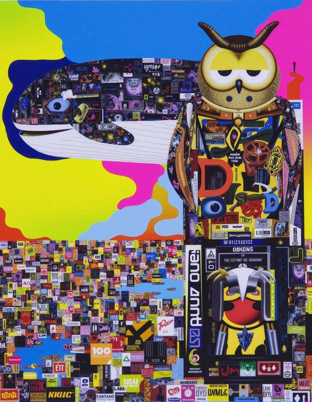 Yoh Nagao Style,  a giant floating whale with a body made from layered advertisements,  an enormous mechanical owl with gl...
