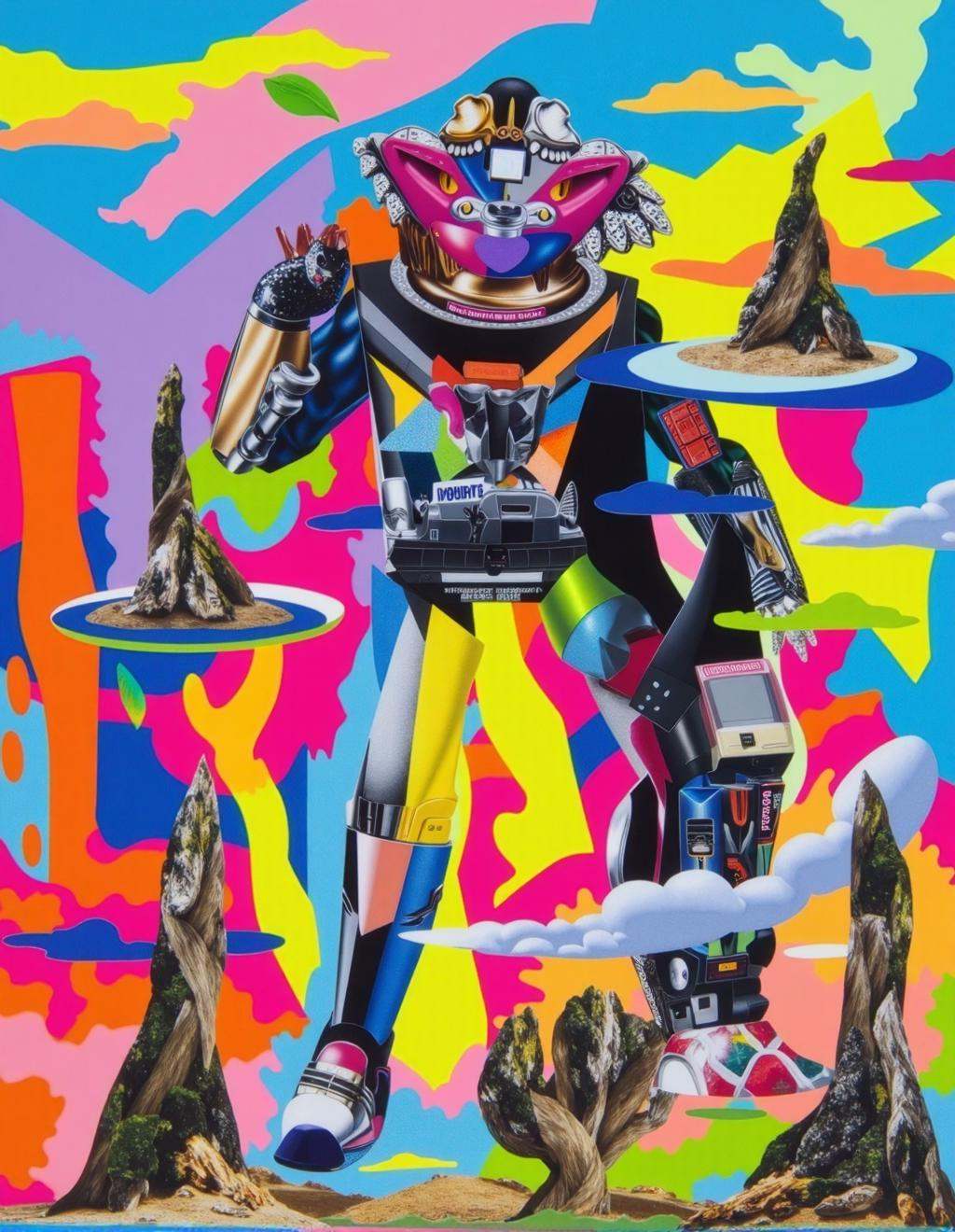 Yoh Nagao Style,  a colossal futuristic humanoid figure composed of abstract shapes,  fragmented digital textures on Tenso...