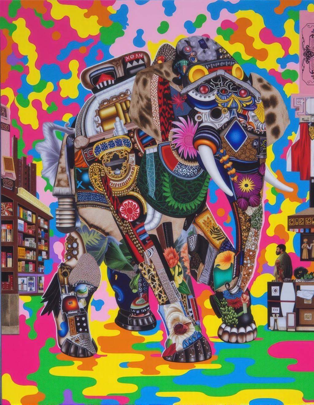 Yoh Nagao Style,  a giant mechanical elephant covered in intricate tribal patterns,  metallic textures on Tensor.Art