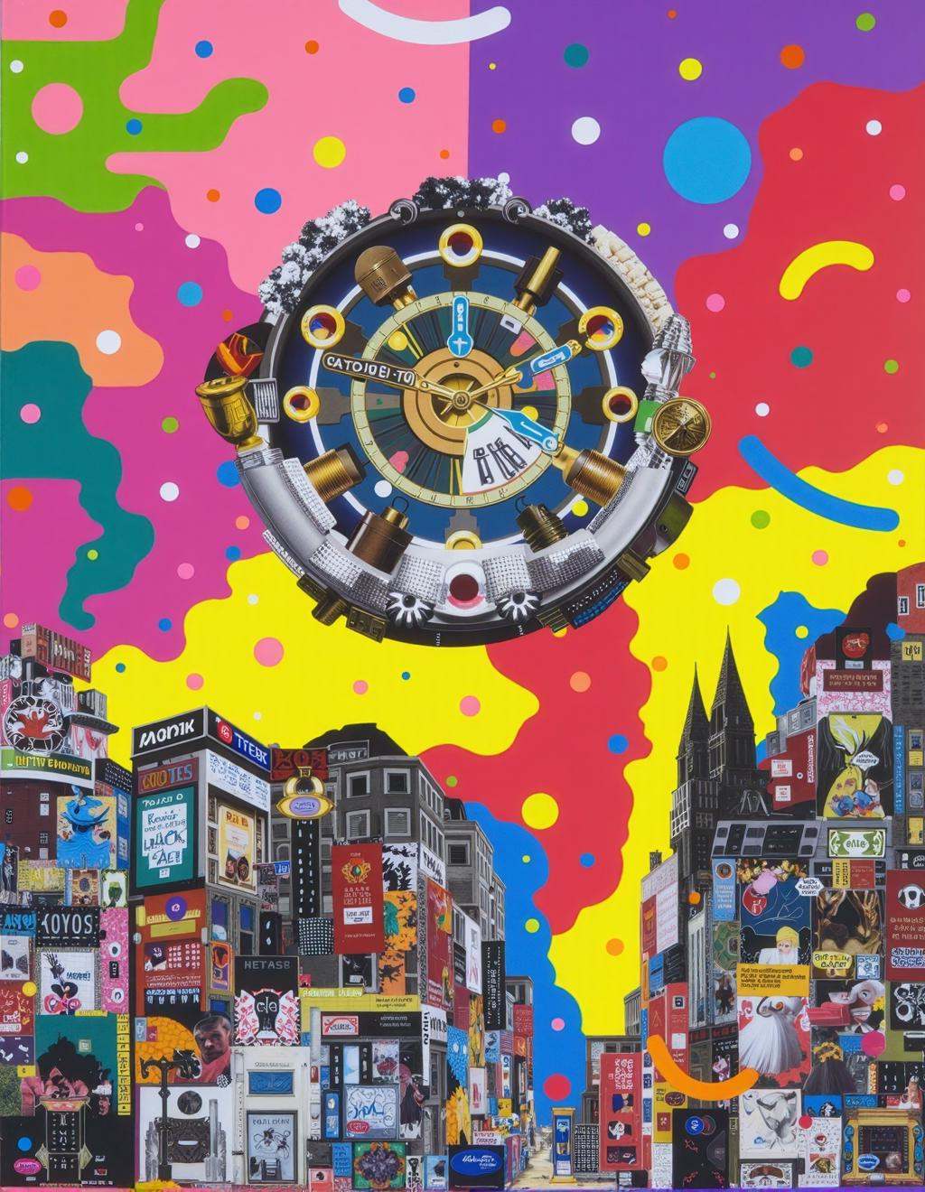 Yoh Nagao Style,  a massive surreal clock with layered paper textures,  glowing symbols on Tensor.Art