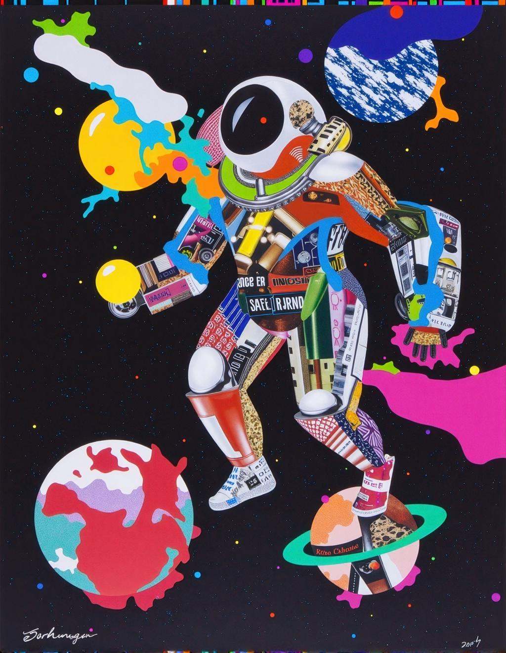Yoh Nagao Style,  an enormous astronaut in a suit covered in torn magazine textures and futuristic typography floats weigh...
