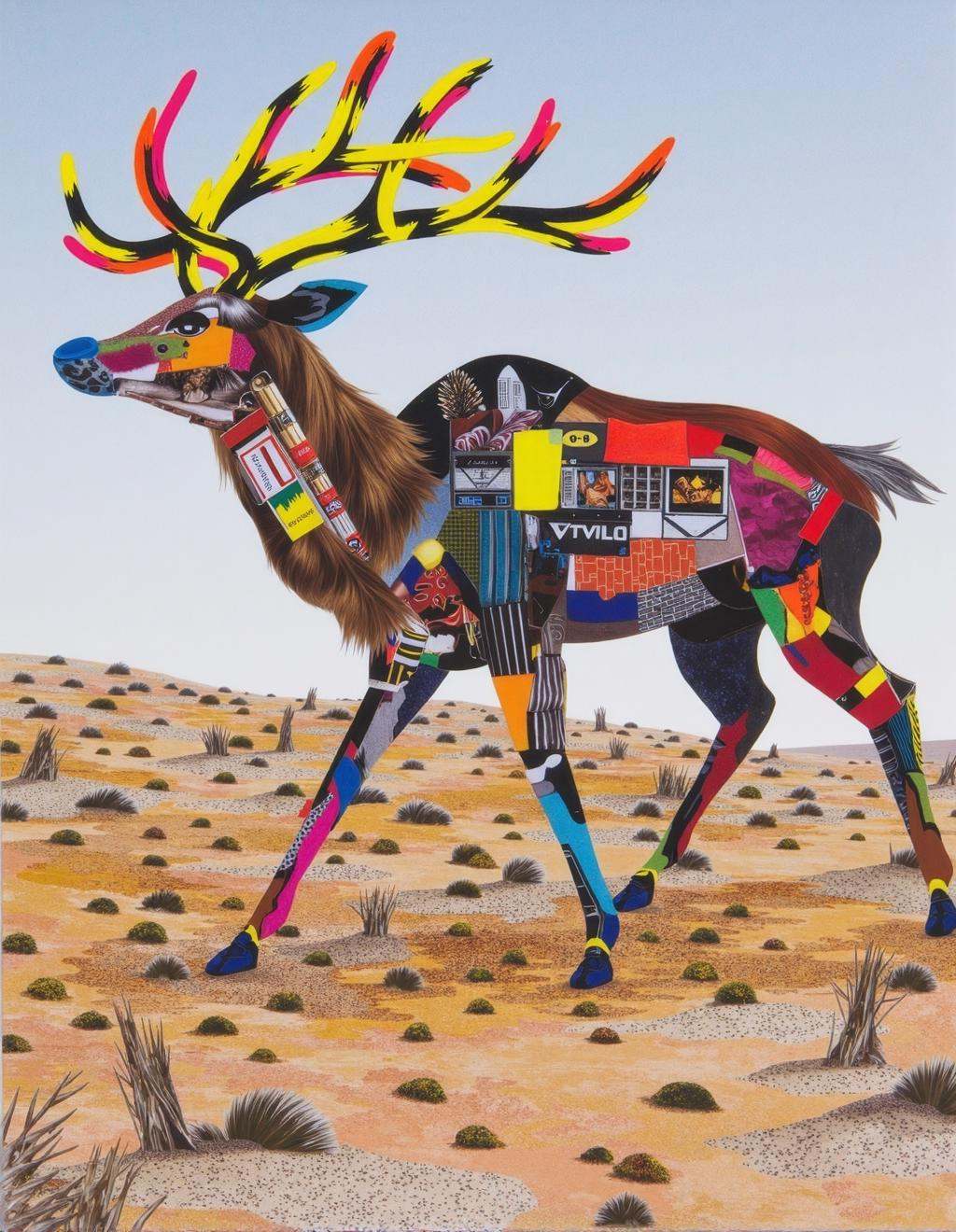 Yoh Nagao Style,  a giant mechanical deer with antlers formed from swirling neon brush strokes and tribal textures stands...