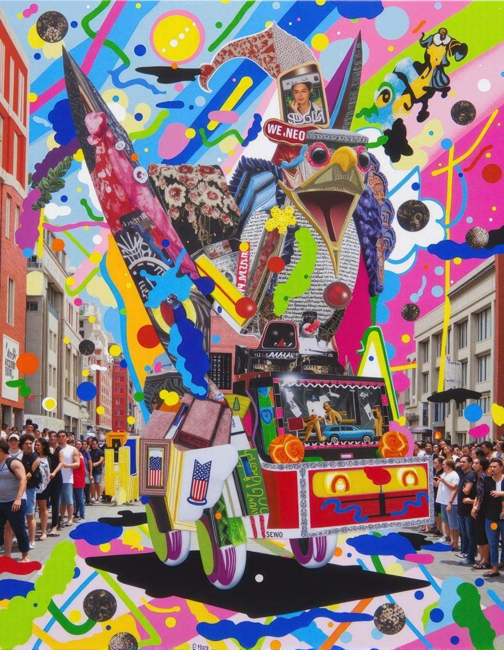 Yoh Nagao Style,  a massive carnival parade float shaped like a surreal bird with layered paper textures,  neon feathers o...