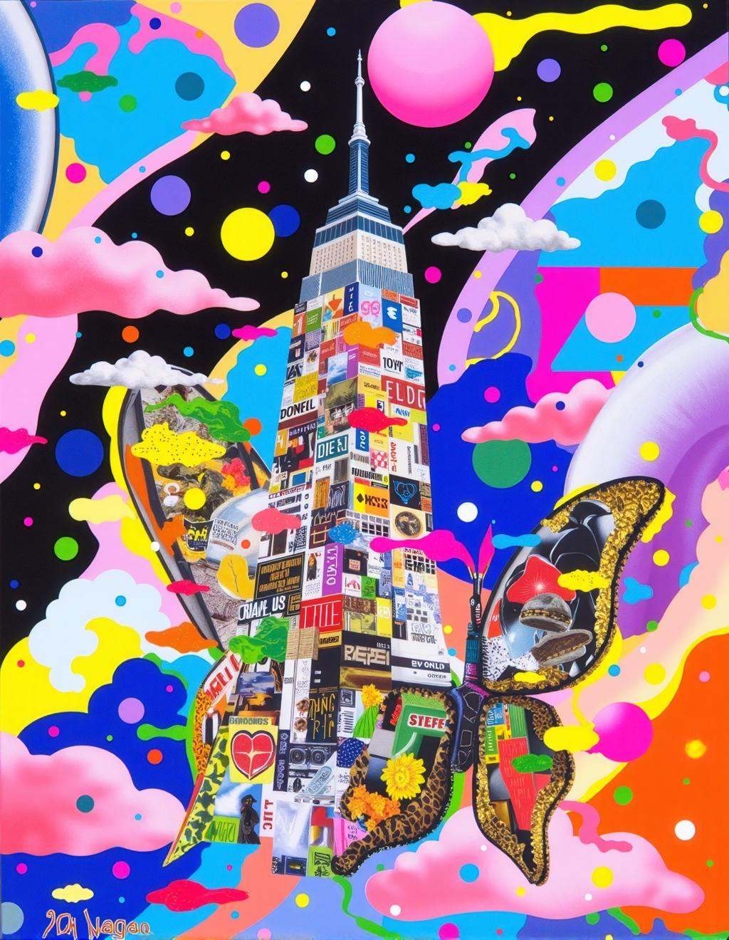 Yoh Nagao Style,  a towering futuristic skyscraper covered in layered neon advertisements,  fragmented magazine textures o...