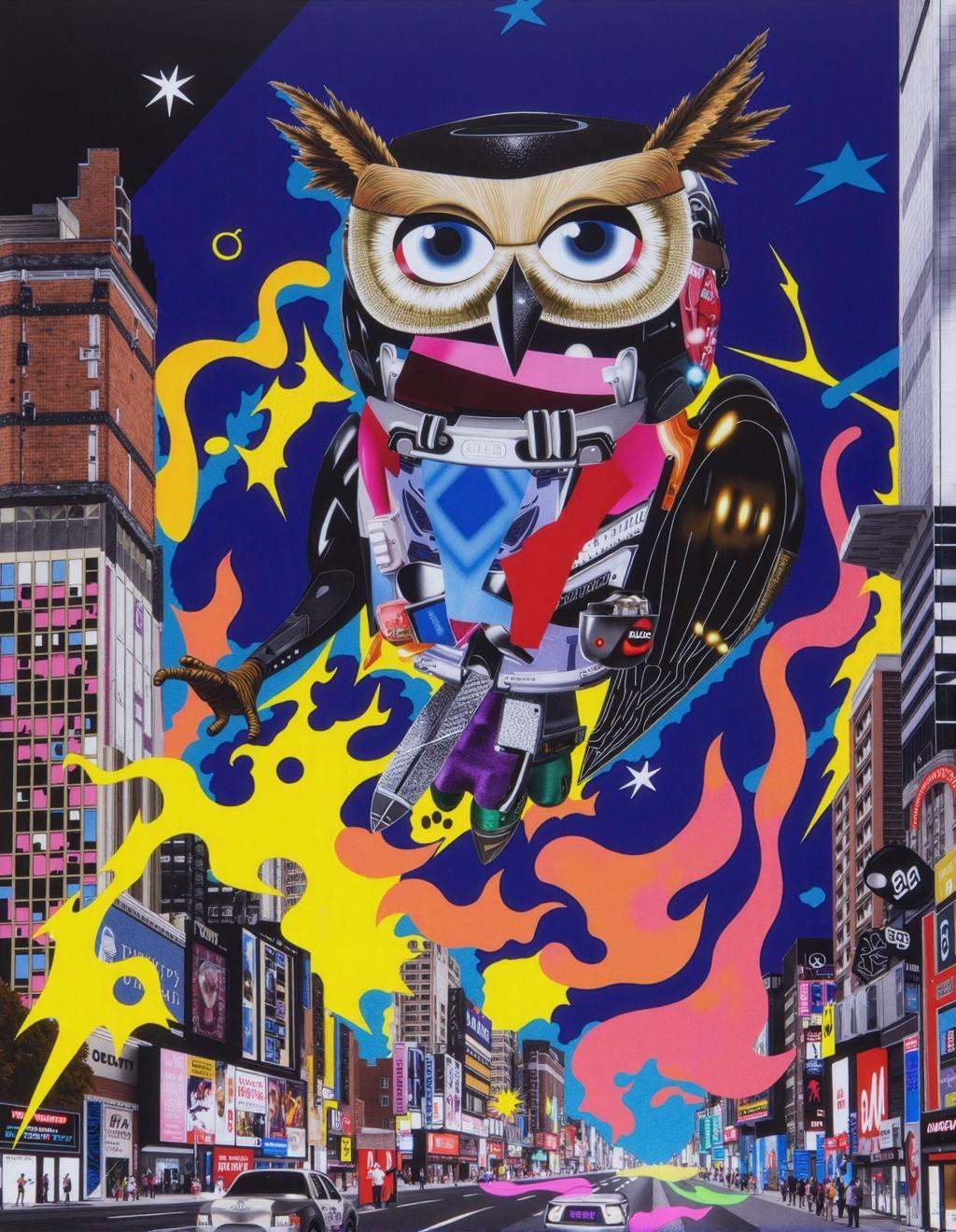 Yoh Nagao Style,  an enormous mechanical owl with glowing eyes and a body formed from layered paper textures,  neon accent...