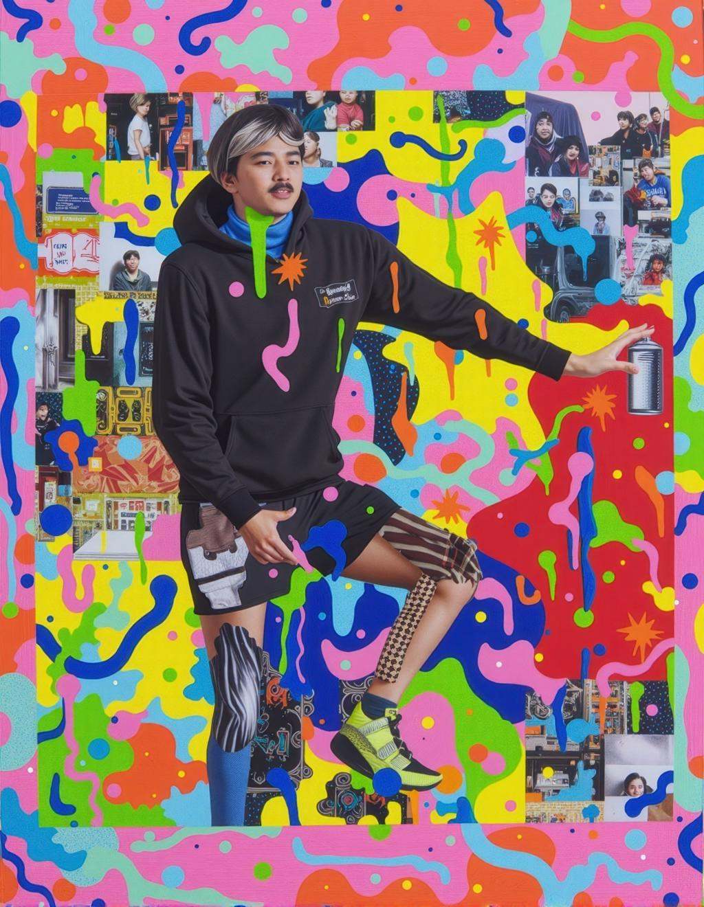 Yoh Nagao Style,  a massive street artist in a hoodie and neon sneakers stands in front of an oversized urban wall covered...