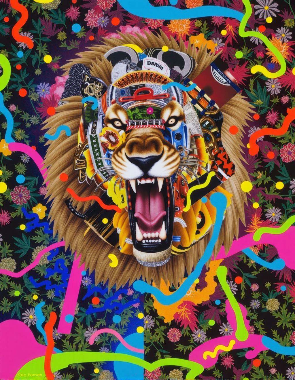 Yoh Nagao Style,  a massive roaring lion with a mane composed of layered newspaper clippings,  vibrant tribal patterns on...