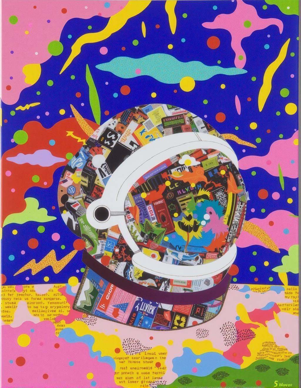 Yoh Nagao Style,  an enormous astronaut helmet filled with swirling digital textures,  torn magazine clippings on Tensor.Art