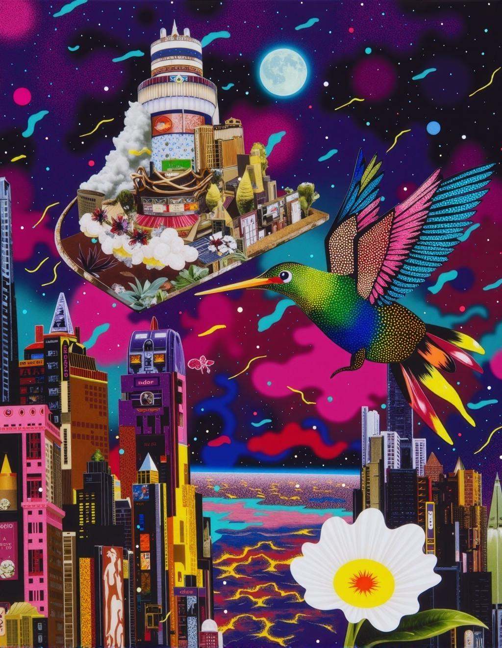 Yoh Nagao Style,  a surreal floating island composed of stacked architectural elements,  fabric textures on Tensor.Art