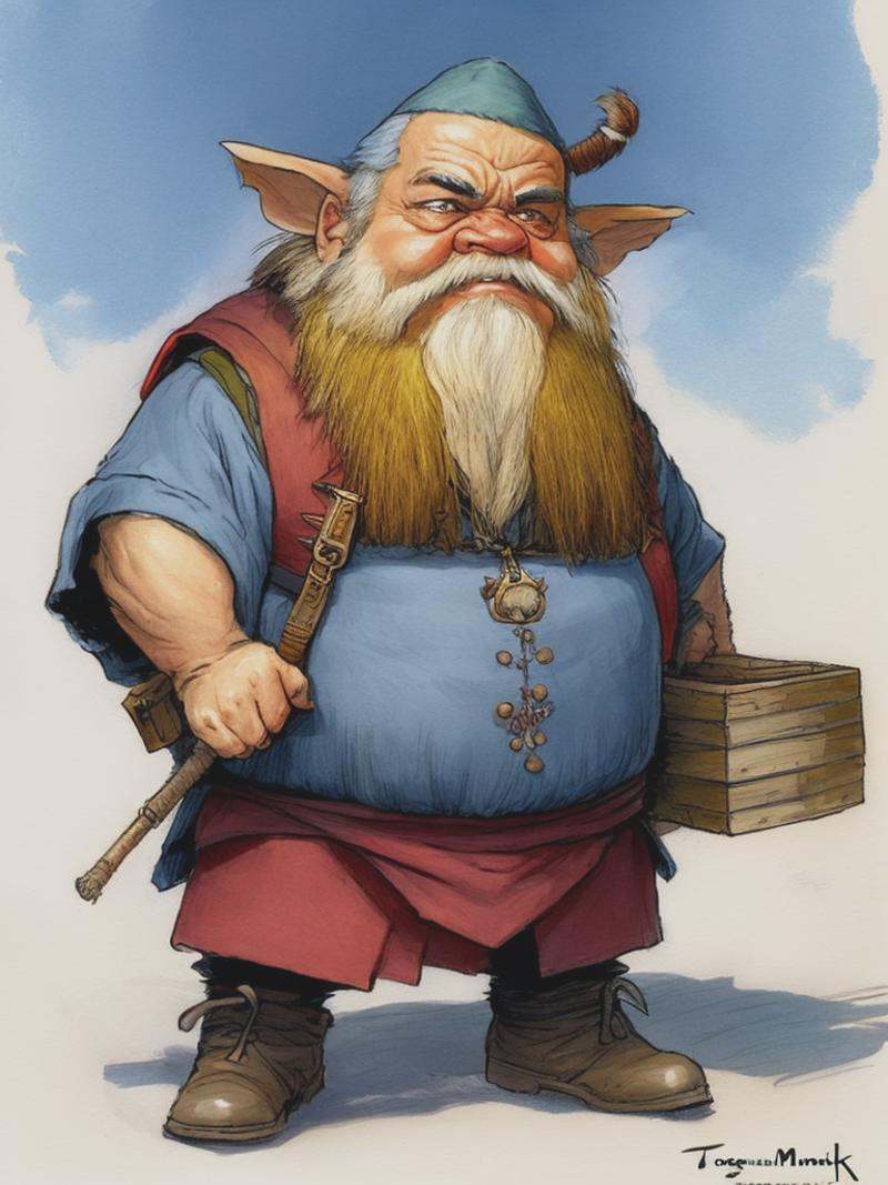 a little coloured sketch of a dwarf vendor,  in the style of jean-baptiste monge,  emil melmoth on Tensor.Art