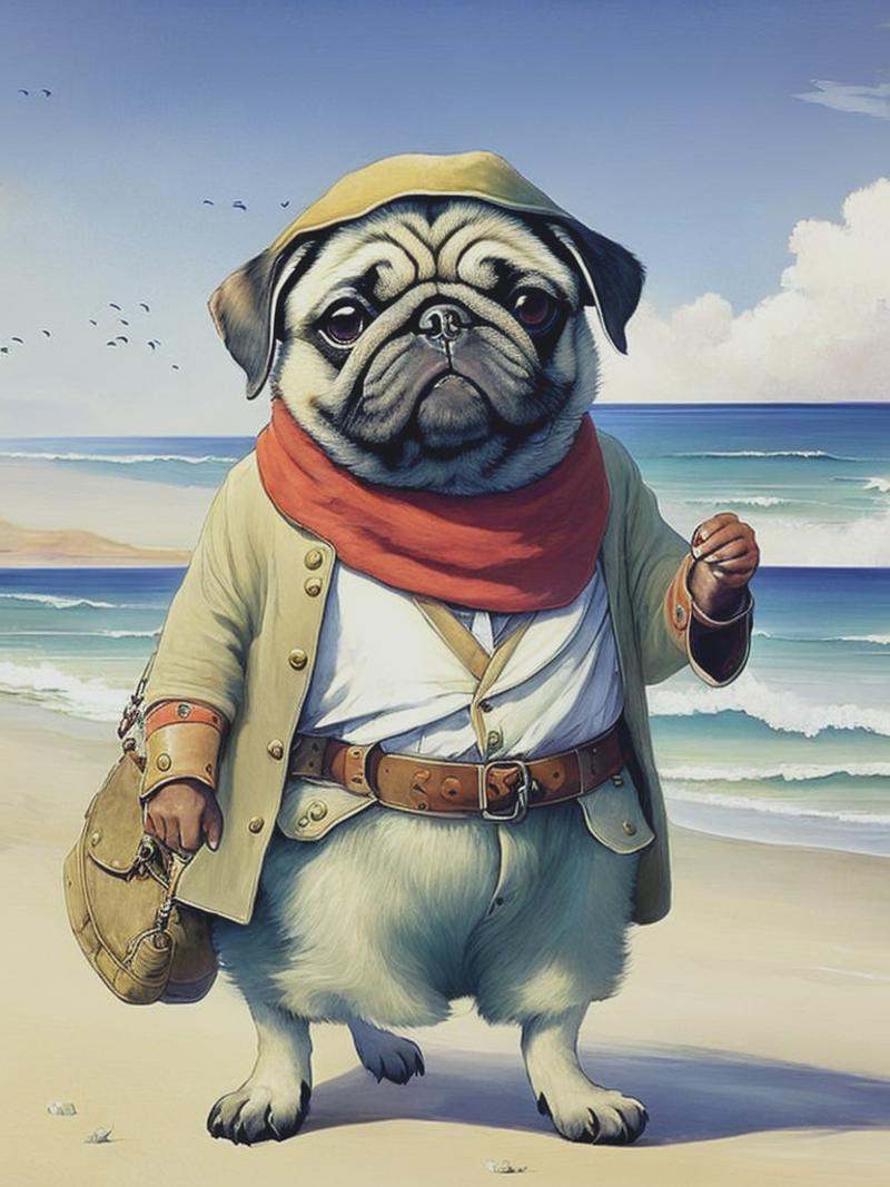 Cute anthropomorphic pug,  dressed in rags,  walking at the seaside on Tensor.Art