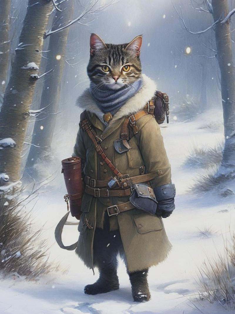 Tiny cute and adorable cat adventurer dressed in a warm overcoat with survival gear on a winters day,  jean - baptiste mon...