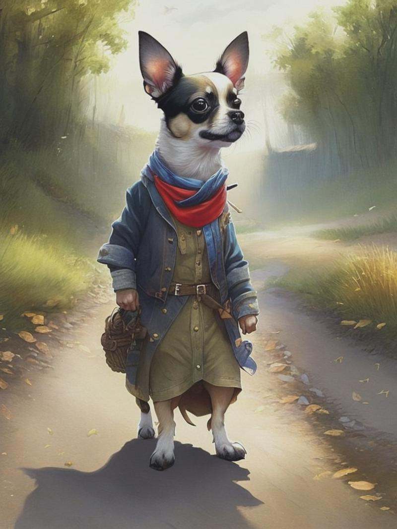 Cute Chunky anthropomorphic chihuahua dressed in rags walking down a rural road,  mindblowing illustration by Jean-Baptist...
