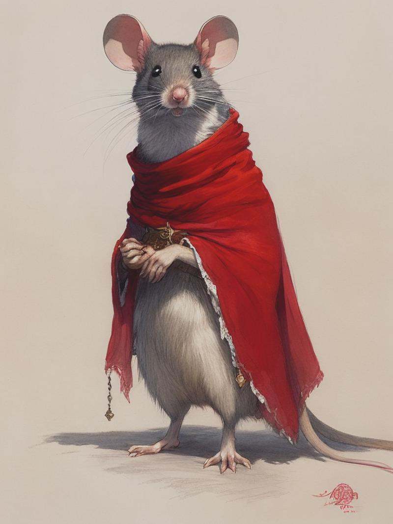 anthropomorphic mouse character,  wearing a tattered red tibetan scarf cloak,  full body visible on Tensor.Art
