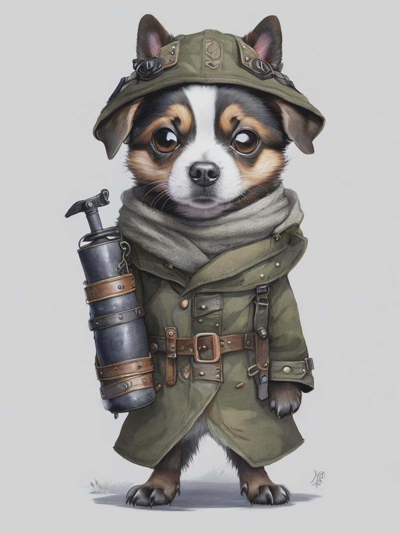 adorable,  cute chibi dog adventurer with big eyes dressed in a warm overcoat with survival gear on a winters day,  jean -...