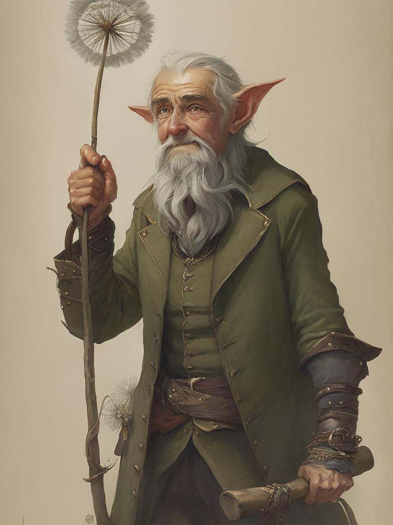 a comprehensive character study of an elderly elf. Elf is kind. Elf is smaller than a dandelion. In the style of Jean Bapt...