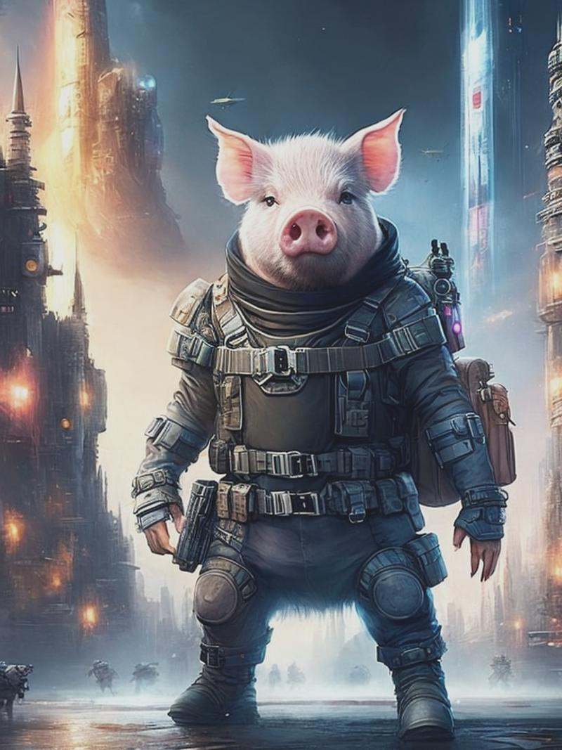 Cute and adorable pig adventurer dressed in sci-fi tactical gear in a futuristic city,  jean - baptiste monge,  anthropomo...