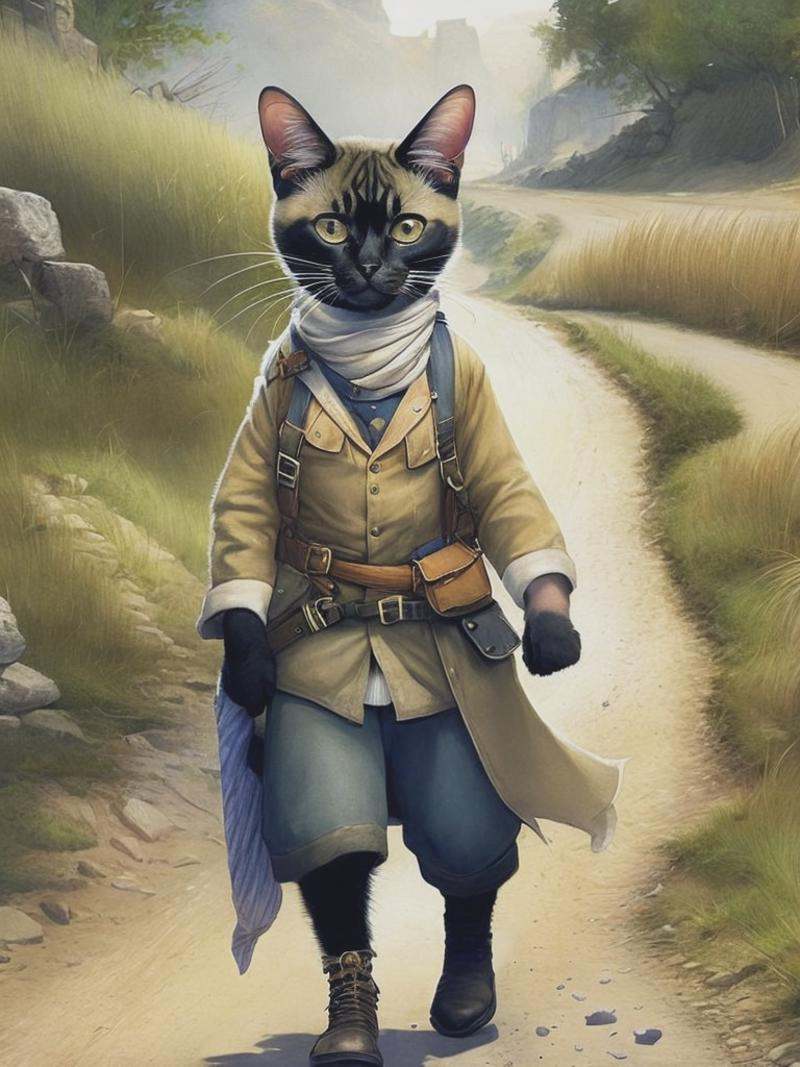 Cute Chunky anthropomorphic Siamese cat dressed in rags walking down a rural road,  mindblowing illustration by Jean-Bapti...