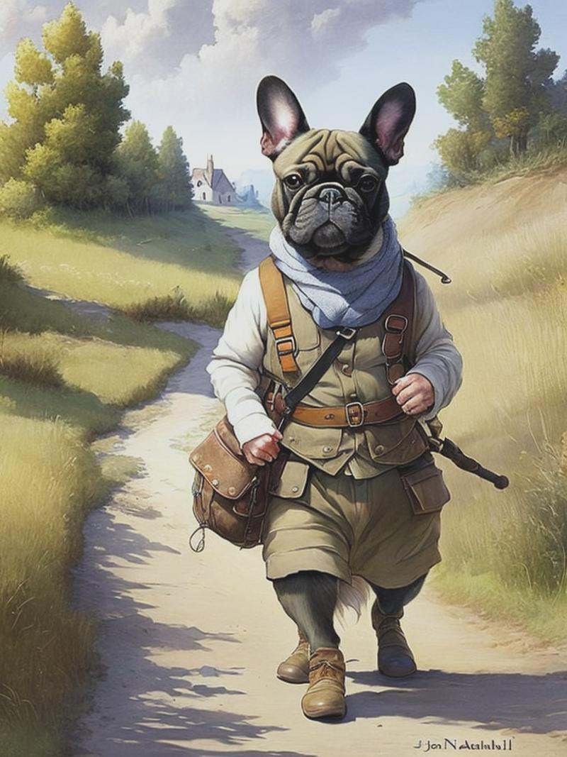 Cute chunky anthropomorphic french bulldog,  dressed in rags,  walking down a rural road on Tensor.Art