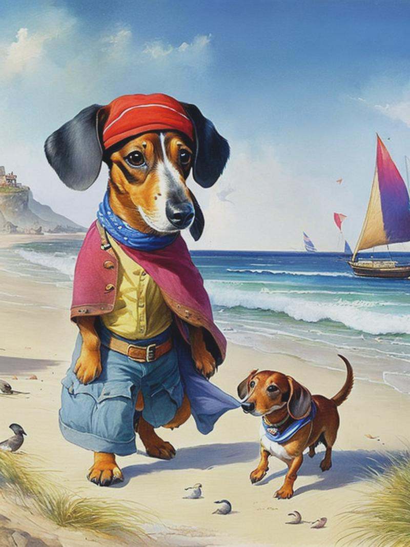 Cute anthropomorphic daschund,  dressed in rags,  walking by the seaside on Tensor.Art