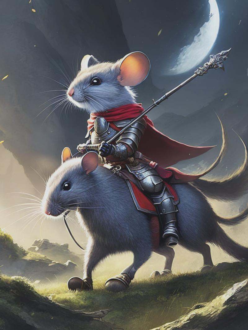 a mouse knight character designed riding into battle by Jean - Baptiste Monge on page full page borders artwork by Jean -...