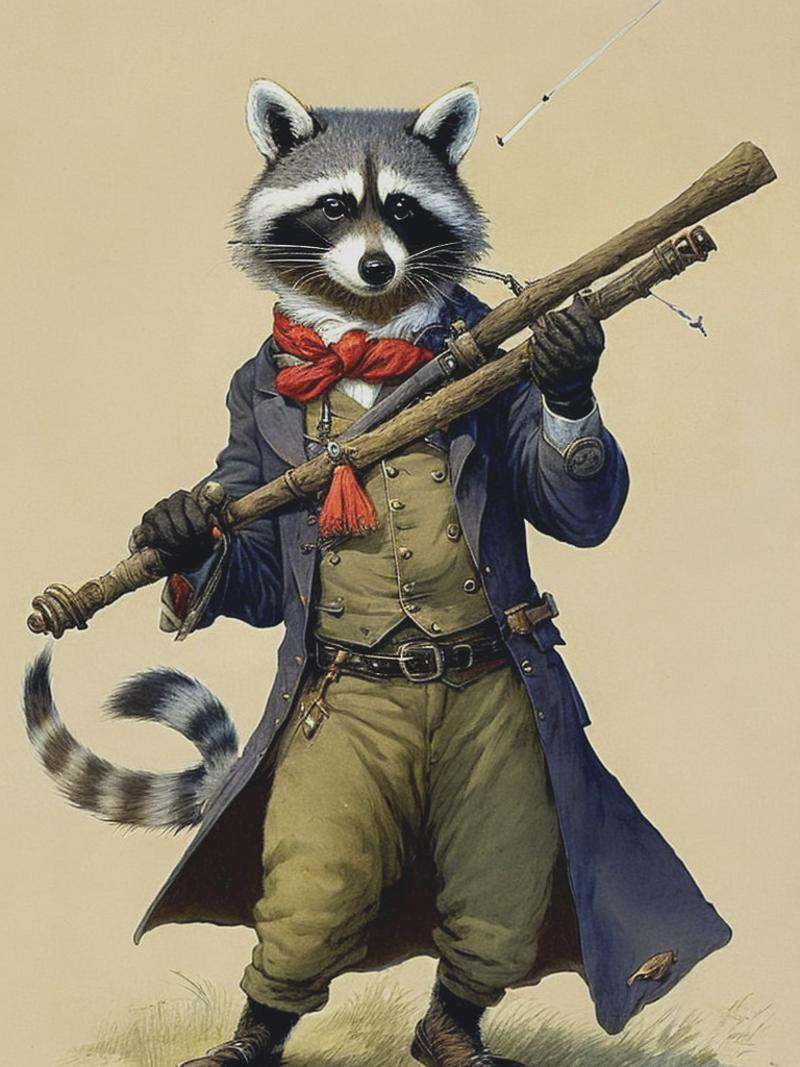 anarchist raccoon with a slingshot in his hand in 1912,  Jean-Baptiste Monge style on Tensor.Art