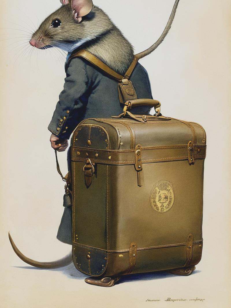 emigrant mouse with a suitcase in hand in 1912,  refugee,  conceptual art on Tensor.Art