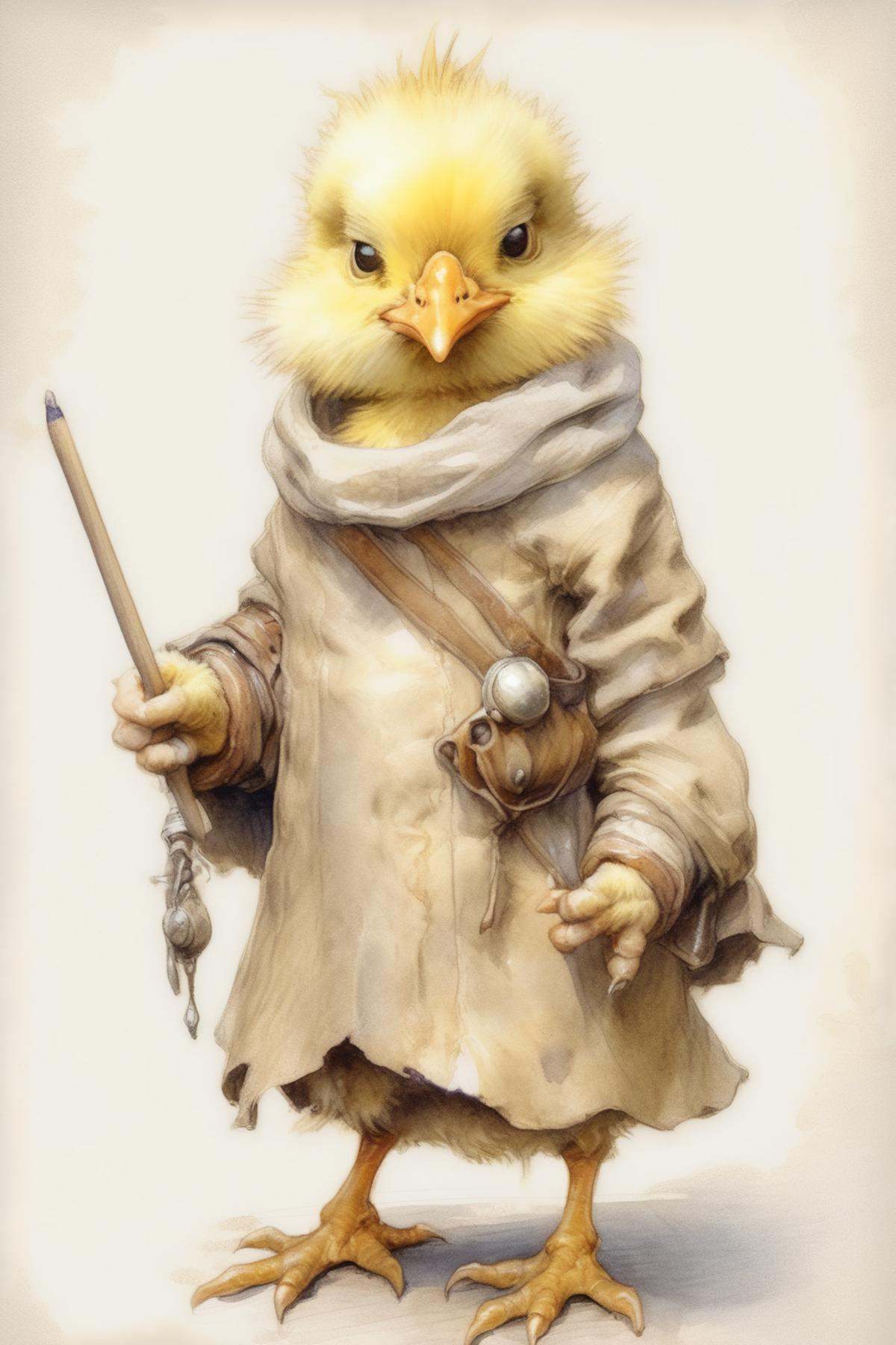Jean-Baptiste Monge Style - anthropomorphic chick character,  wearing a medieval fantasy outit,  full body visible on Tens...