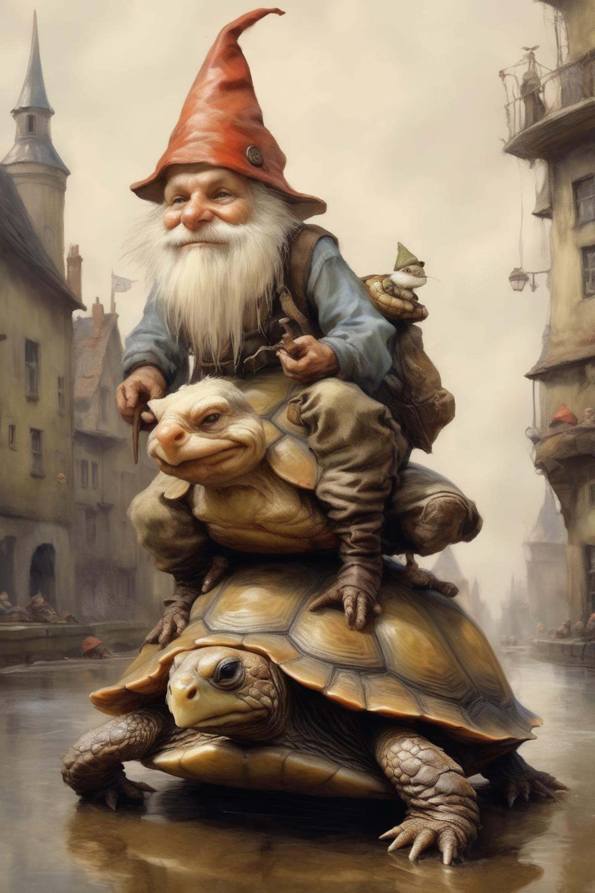 Jean-Baptiste Monge Style - A gnome sitting on top of a slow-moving turtle,  hyper-realistic,  a painting in the style of...