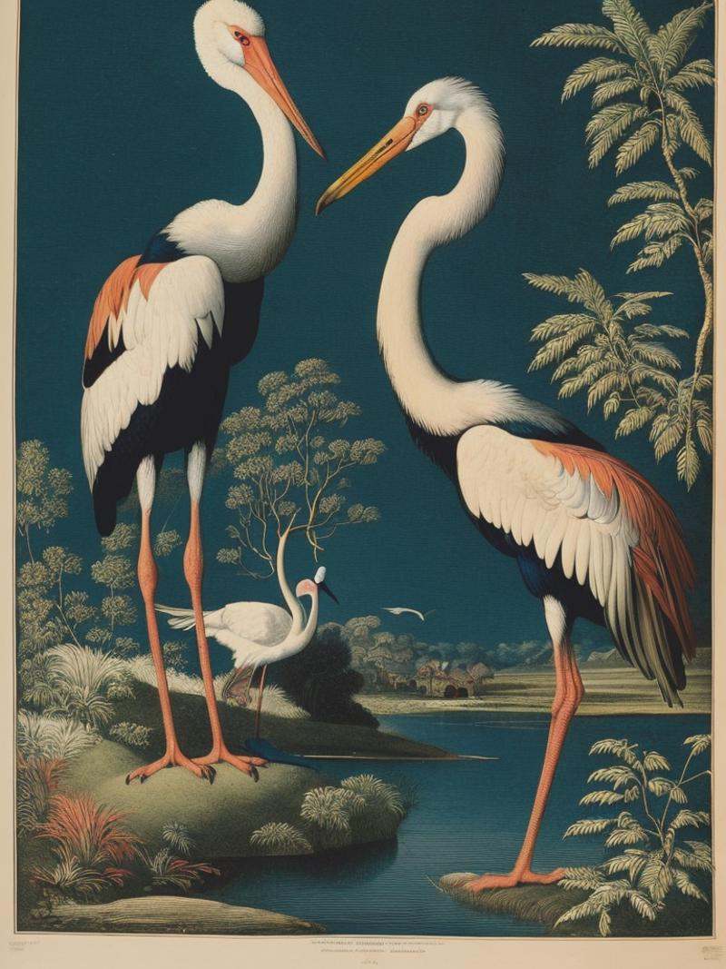 18th-century illustration featuring a two storks in nature. The illustration should have a detailed hand-drawn appearance....