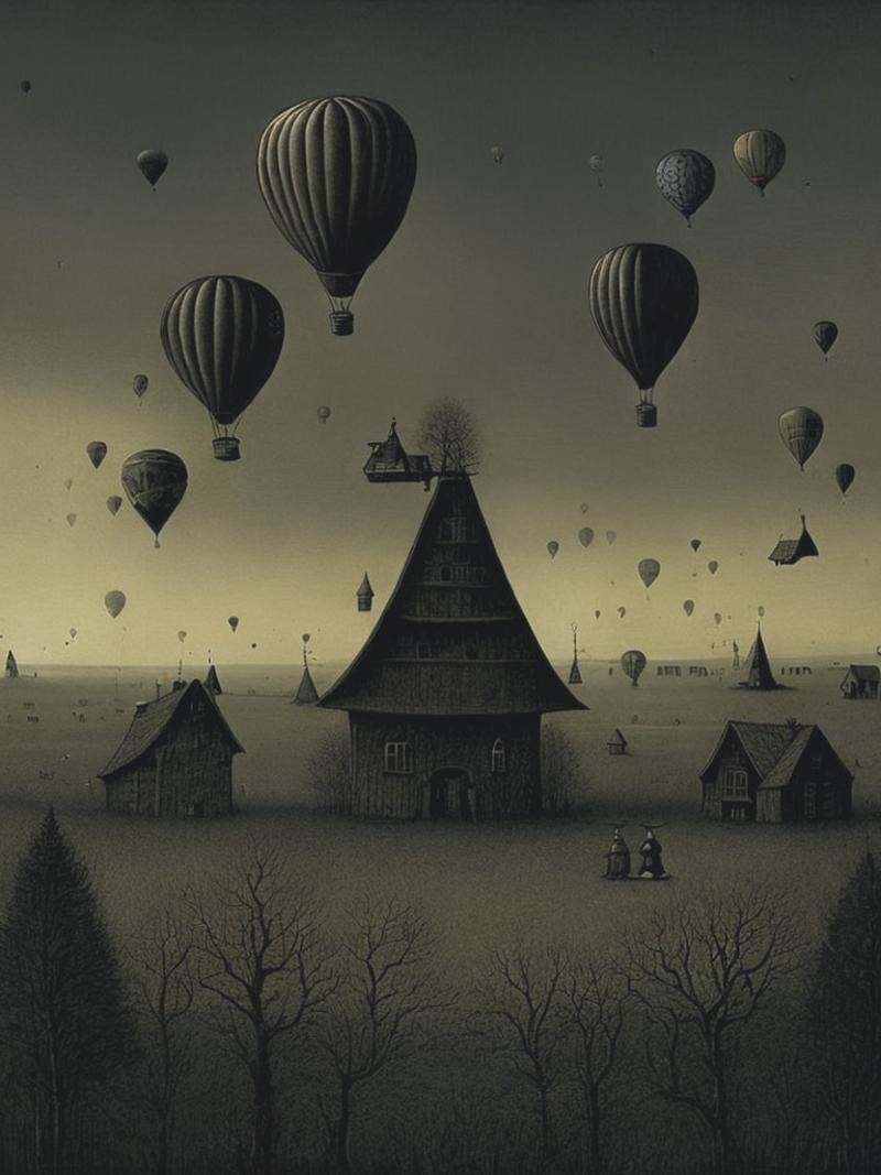 hot air balloons with a dark twist scary creepy grim surreal illustration donken grimdark dark ominous John Kenn Mortensen...
