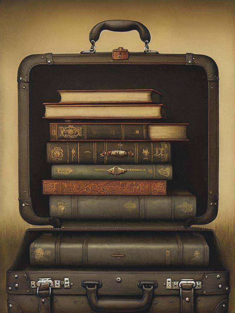 by John Kenn Mortensen,  an old suitcase and old books on Tensor.Art