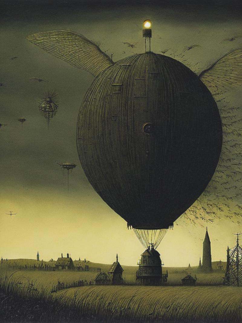 steampunk zepplin scary creepy dark surreal illustration donken grimdark dark ominous John Kenn Mortensen on Tensor.Art