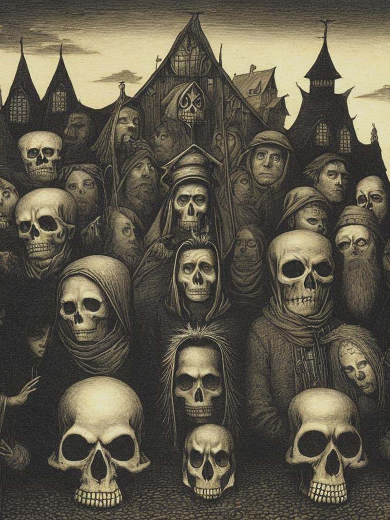 a drawing of a group of people with skulls in ear,  in the style of john kenn mortensen,  fairy tale illustrations on Tens...