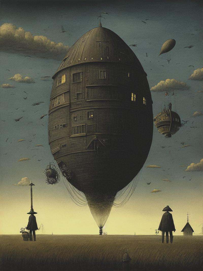 steampunk zepplin scary creepy dark surreal illustration donken grimdark dark ominous John Kenn Mortensen on Tensor.Art