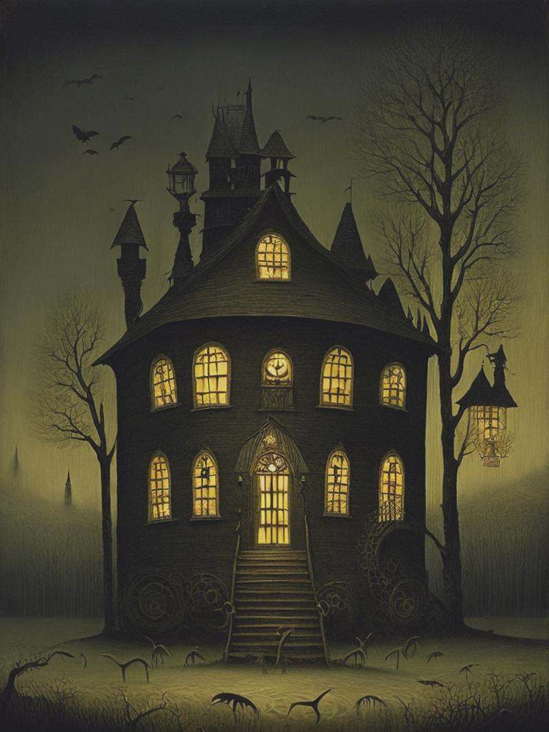 john kenn mortensen style,  haunted house full of monsters on Tensor.Art