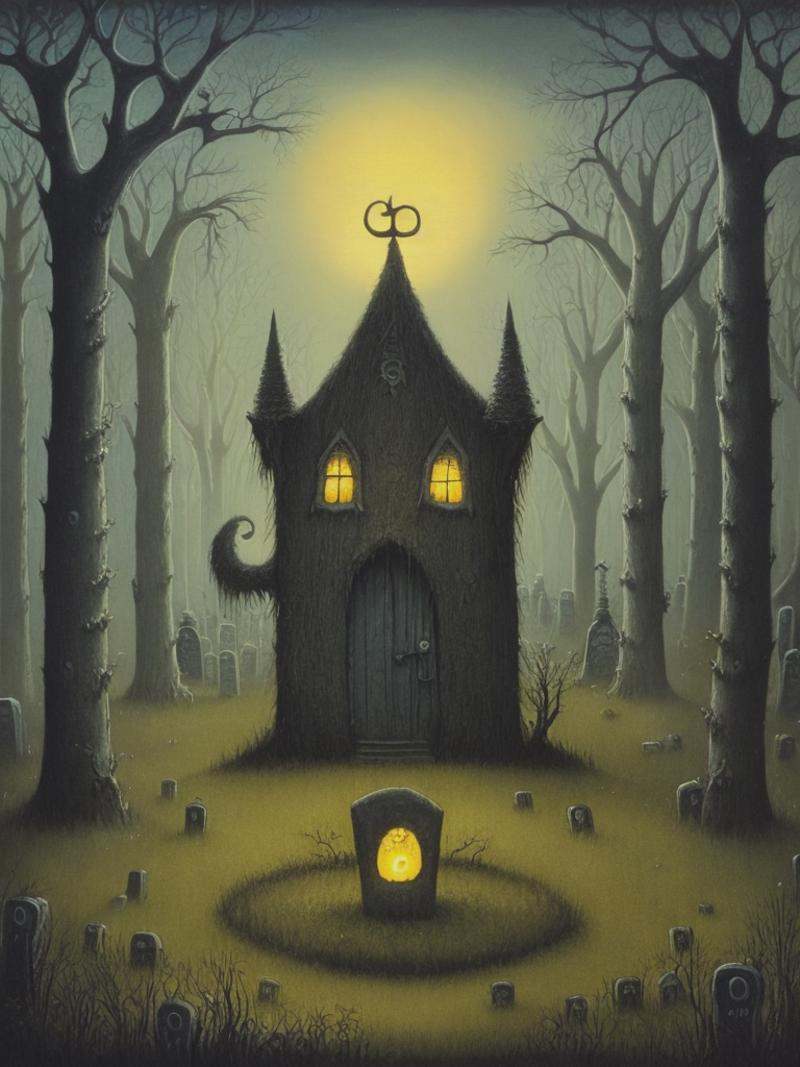 John Kenn Mortensen style ground level shot,  incredibly detailed front shot painting of a cute whimsical monster in a gra...