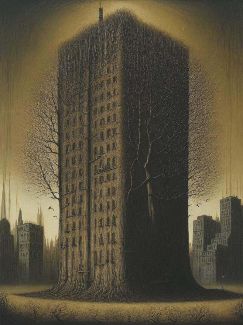 by John Kenn Mortensen,  by Karol Bak,  a tree displaced by skyscrapers on Tensor.Art