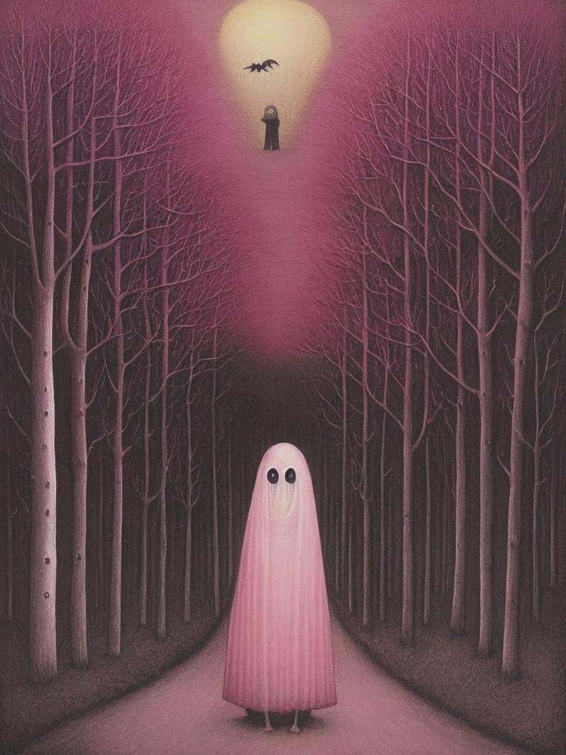 by John Kenn Mortensen,  a funny pink ghost,  diaphanous on Tensor.Art