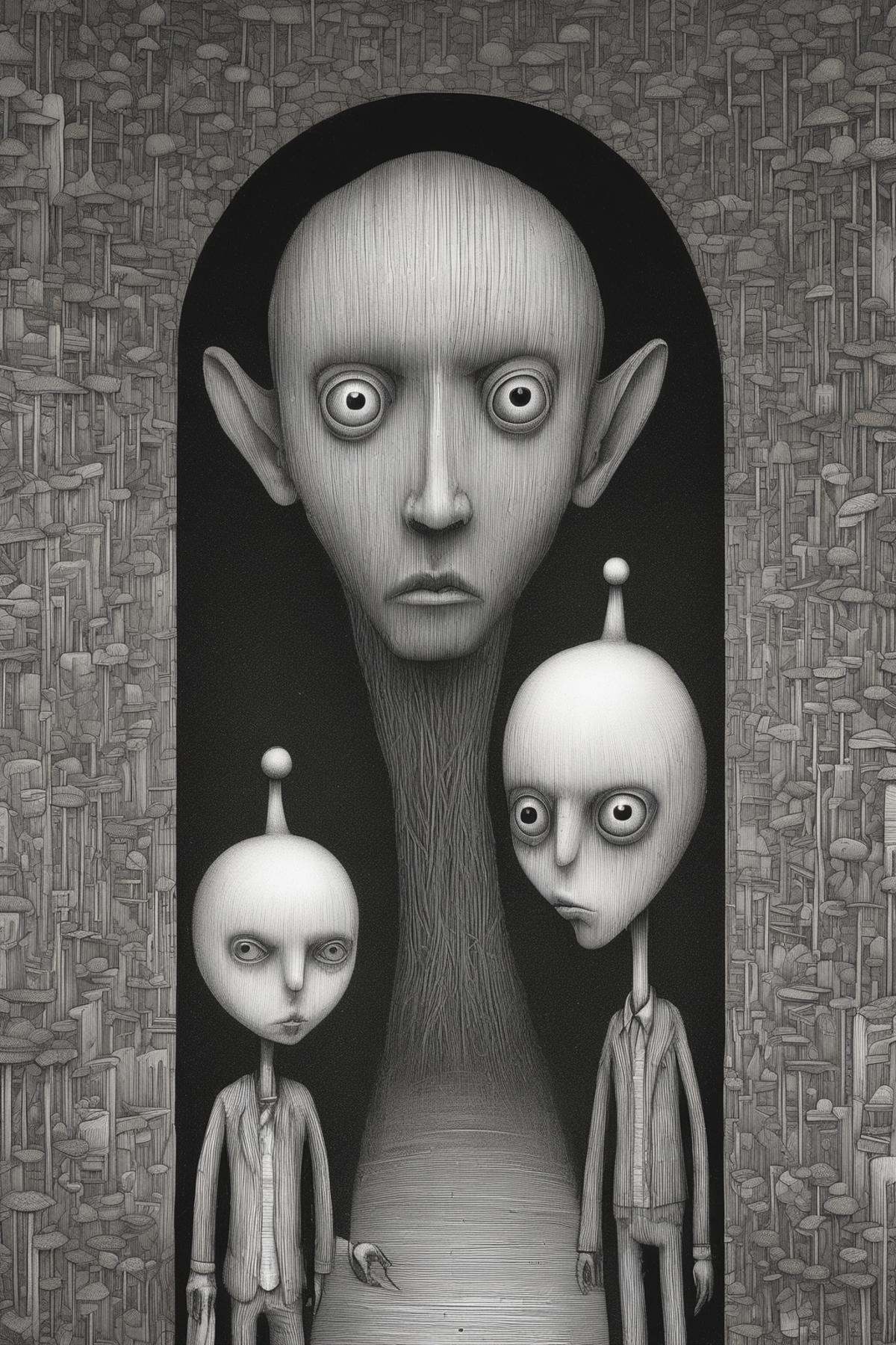 John Kenn Mortensen Style - style of Junji Ito and Naoto Hattori,  Stanley Donwood left right straight twins primitive art...