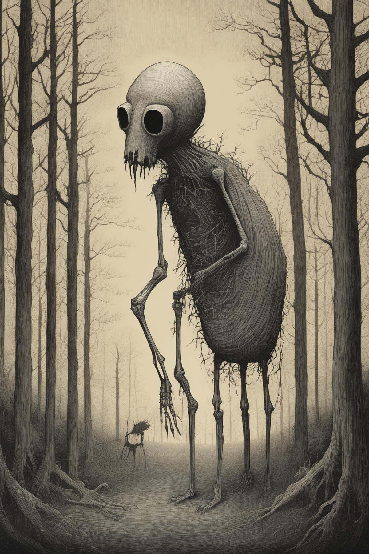 John Kenn Mortensen Style - a Shaun tan illustration of an unimaginable horror creature in dark desolate woods,  hidden be...
