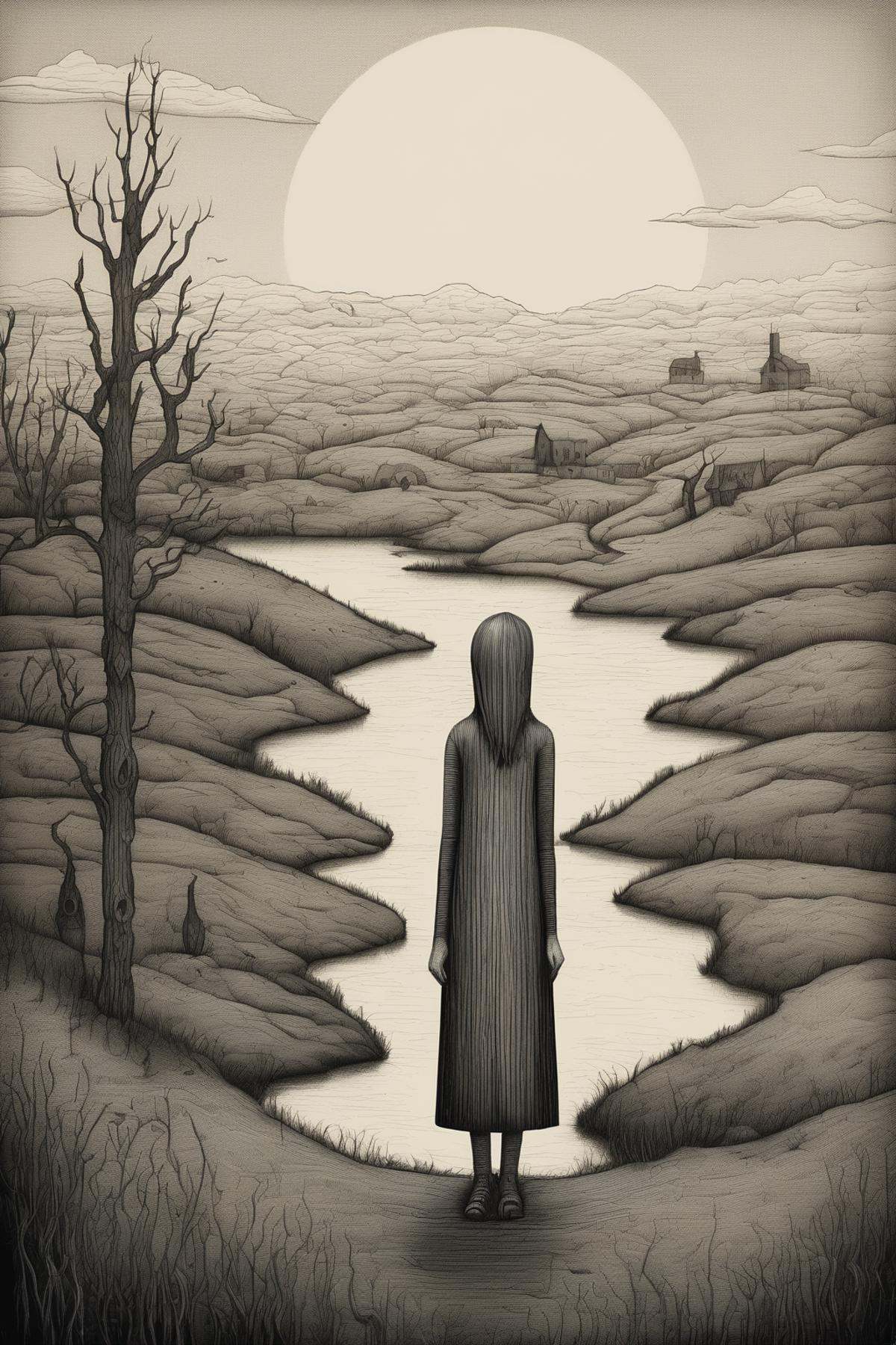 John Kenn Mortensen Style - Minimalistic Pencil drawing of a bizarre woman in a landscape,  woodcut,  modern on Tensor.Art