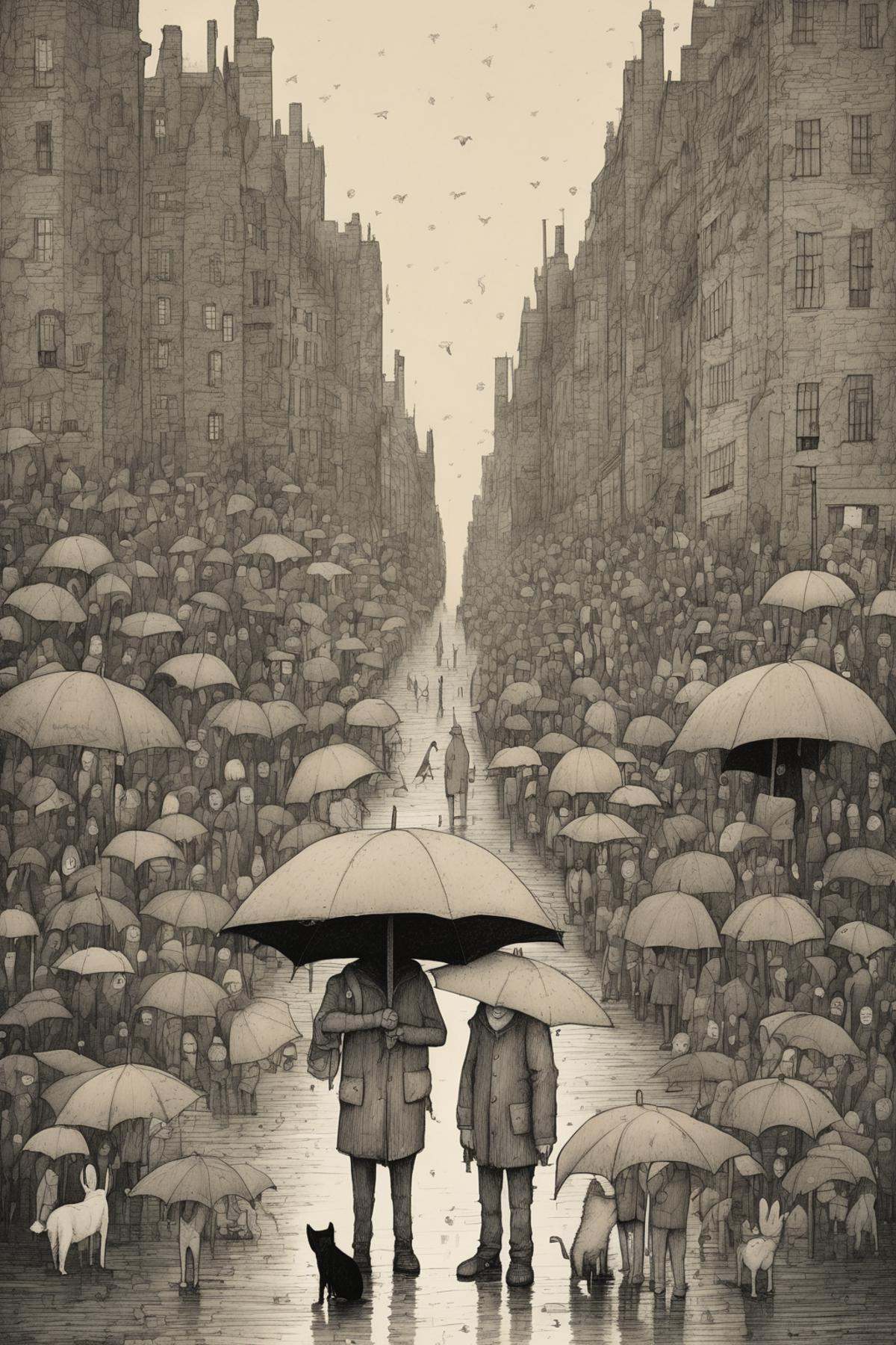John Kenn Mortensen Style - une foule de personnes avec des parapluie Style Jon Klassen on Tensor.Art