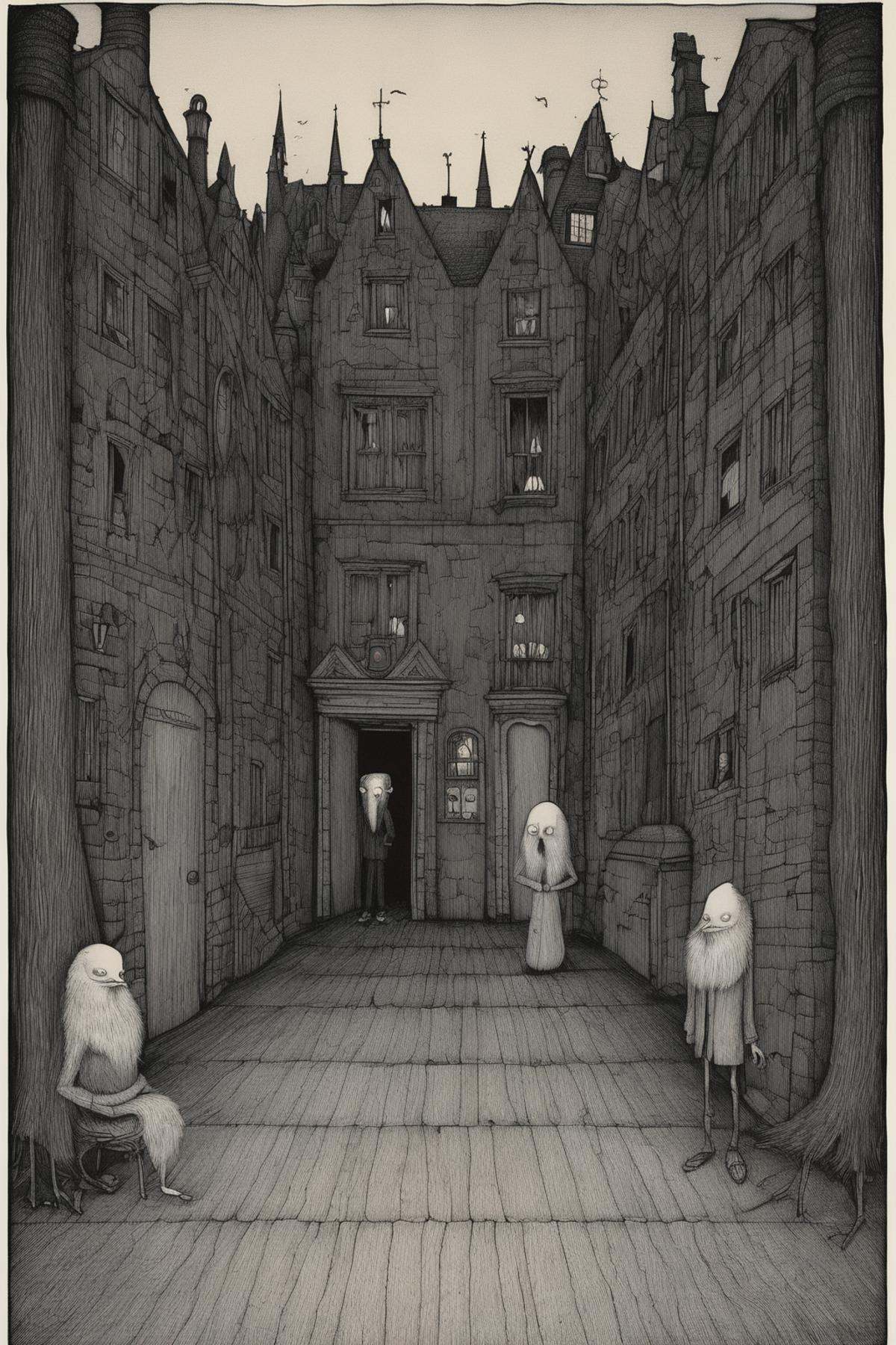 John Kenn Mortensen Style - In Edward Gorey style,  transitory liminal space between limbo and hell. on Tensor.Art